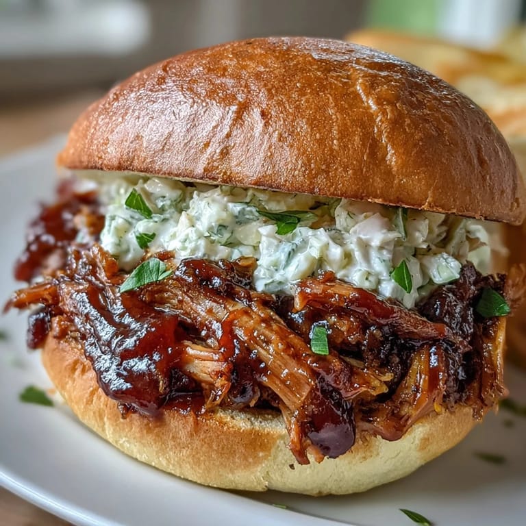 Slow-cooked pulled pork piled high on slider buns, drizzled with smoky barbecue sauce and paired with crisp, refreshing coleslaw for a crowd-pleasing bite.