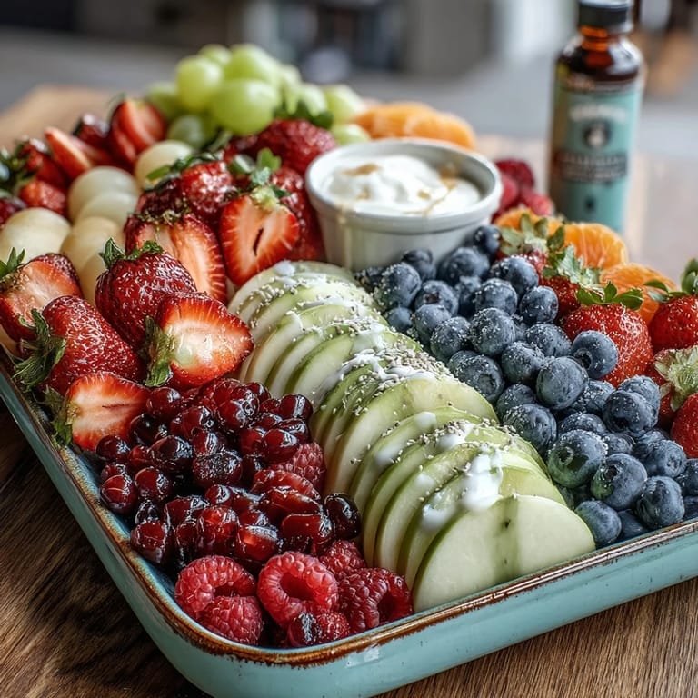 Vibrant fruit platter shaped like a blooming flower, served with honey-vanilla yogurt dip for a refreshing, colorful appetizer.