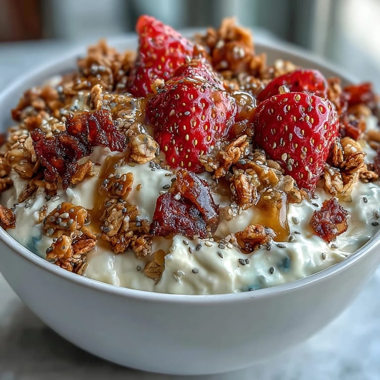 Protein-rich cottage cheese bowl layered with sweet strawberries and granola, drizzled with honey for added flavor.