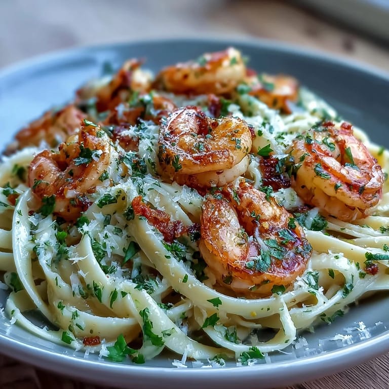 Fresh spring dinner party pasta with plump shrimp, bright lemon, and garlic, perfect for sharing.