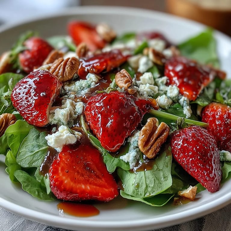A vibrant, refreshing salad highlighting sweet strawberries, peppery arugula, creamy goat cheese, and a tangy balsamic glaze—perfect for entertaining on spring evenings.