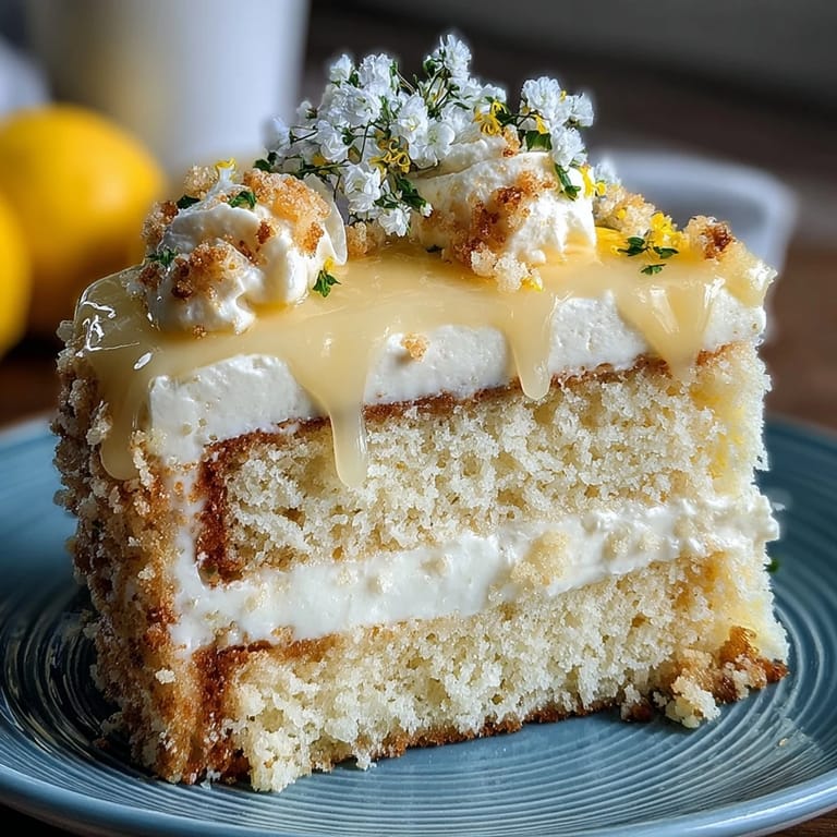 Layered vanilla sponge with tangy lemon curd and whipped cream, adorned with vibrant edible blossoms.  