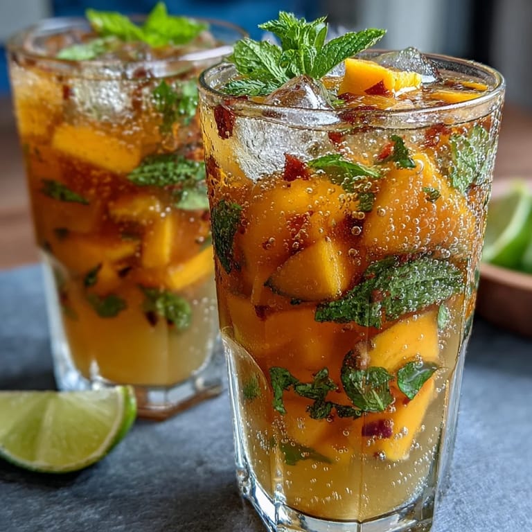 Chilled glasses of fruity Mango Peach Sangria garnished with mint, bursting with juicy mango and ripe peach flavors.