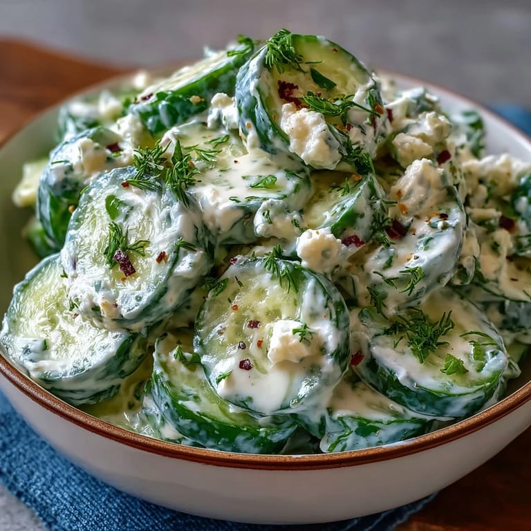 Creamy Cucumber Salad with Dill and Greek Yogurt, featuring thinly sliced cucumbers and fresh dill in a light, creamy dressing.