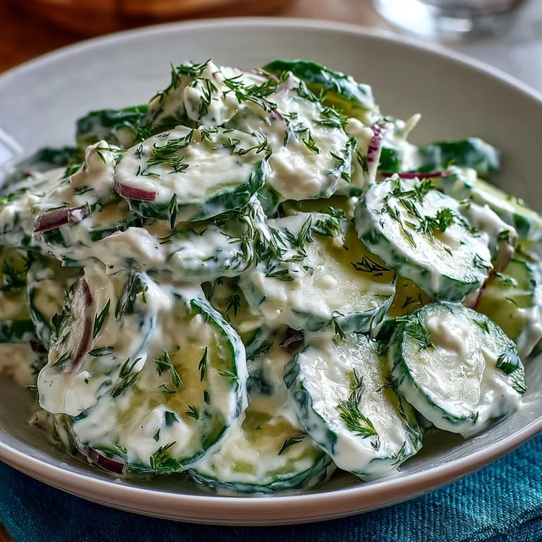 Creamy Cucumber Salad with Dill and Greek Yogurt, perfect for summer meals with its cool, crisp vegetables and zesty dressing.
