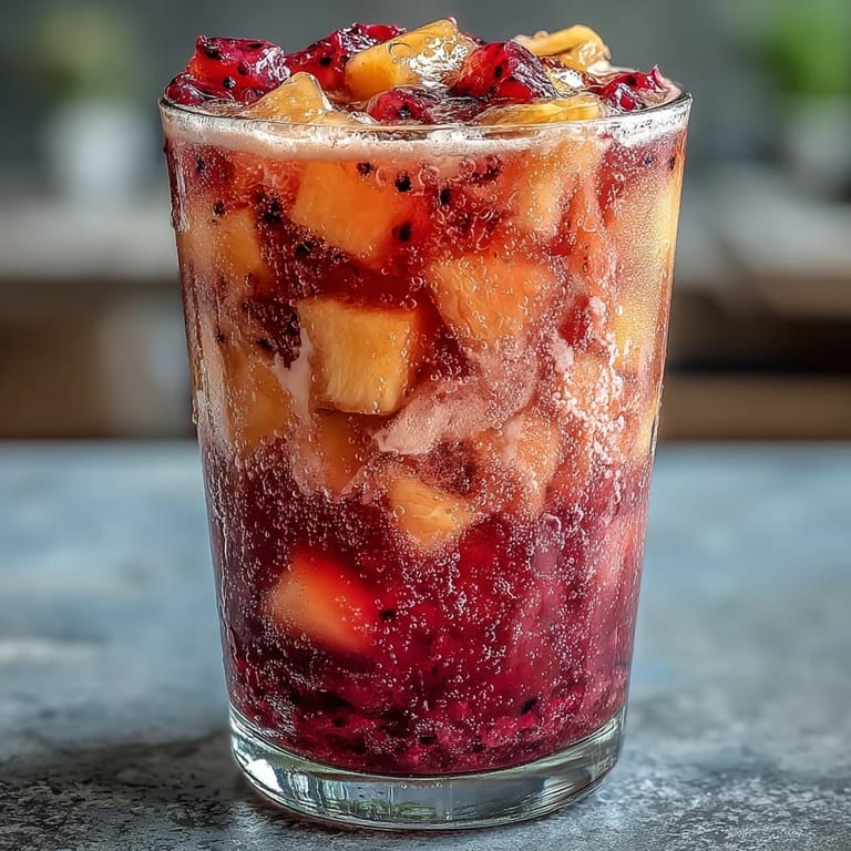 Homemade mango dragonfruit refresher with sweet pitaya, mango, and lime, served chilled in tall glasses.