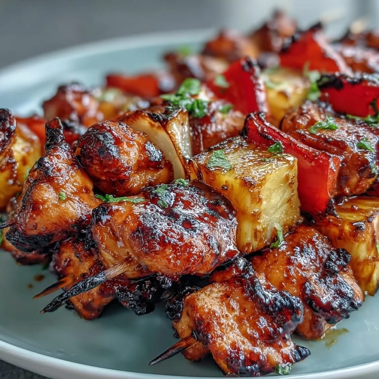 Savory grilled pineapple chicken skewers with vibrant veggies and honey-lime marinade, ideal for easy outdoor dining.