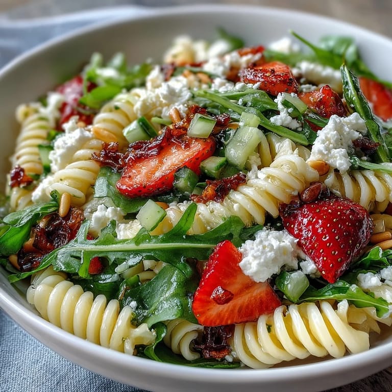 Colorful spring pasta salad with juicy strawberries, crumbled feta, and peppery arugula, dressed in balsamic olive oil and garnished with basil.