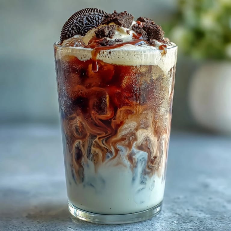 Indulgent cookies-and-cream cold brew topped with whipped cream and crushed chocolate sandwich cookies.
