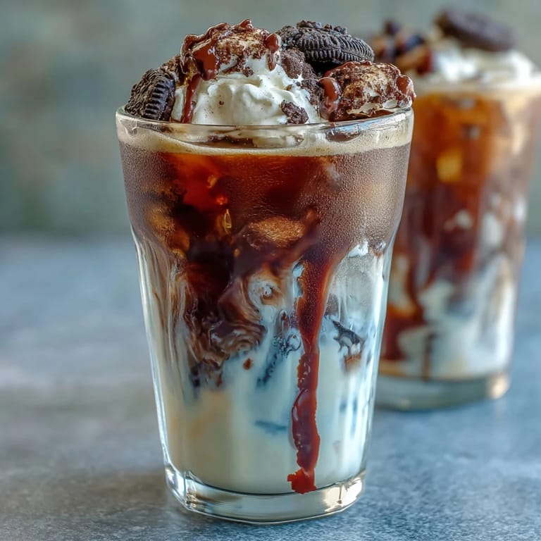 Refreshing cookies-and-cream cold brew coffee featuring smooth vanilla, chocolate syrup, and blended cookies.