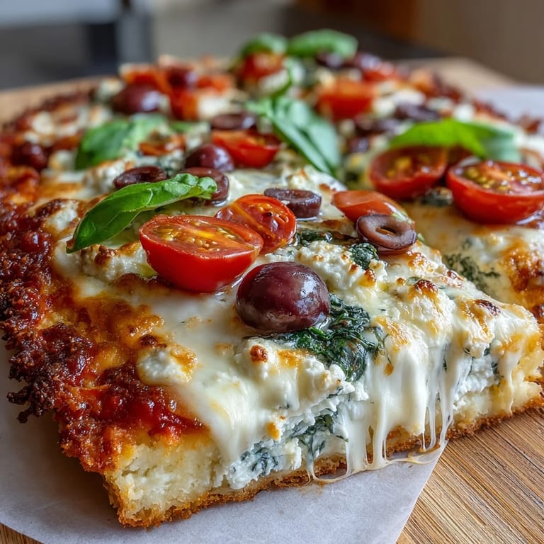 Healthy cottage cheese flatbread pizza featuring a tender oat base, savory sauce, and bubbling cheese.