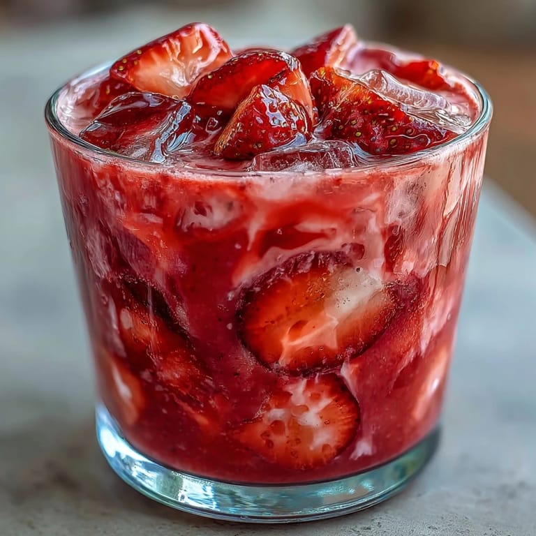 Sweet-tart Pink Starburst-inspired refresher bursting with berry flavors, coconut milk, and fresh strawberry slices over ice.
