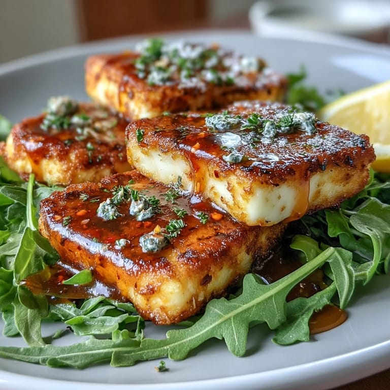 Crispy halloumi cheese slices paired with chili-infused honey, served on peppery arugula for a Mediterranean starter.  