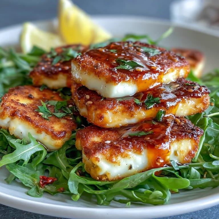 Warm halloumi with sweet and spicy hot honey, plated on fresh greens for a gluten-free, vegetarian dish.