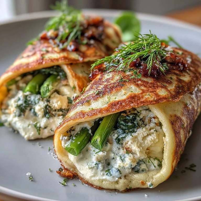 Elegant savory crepes showcasing vibrant asparagus, sugar snap peas, and zucchini folded with rich ricotta and goat cheese filling.  