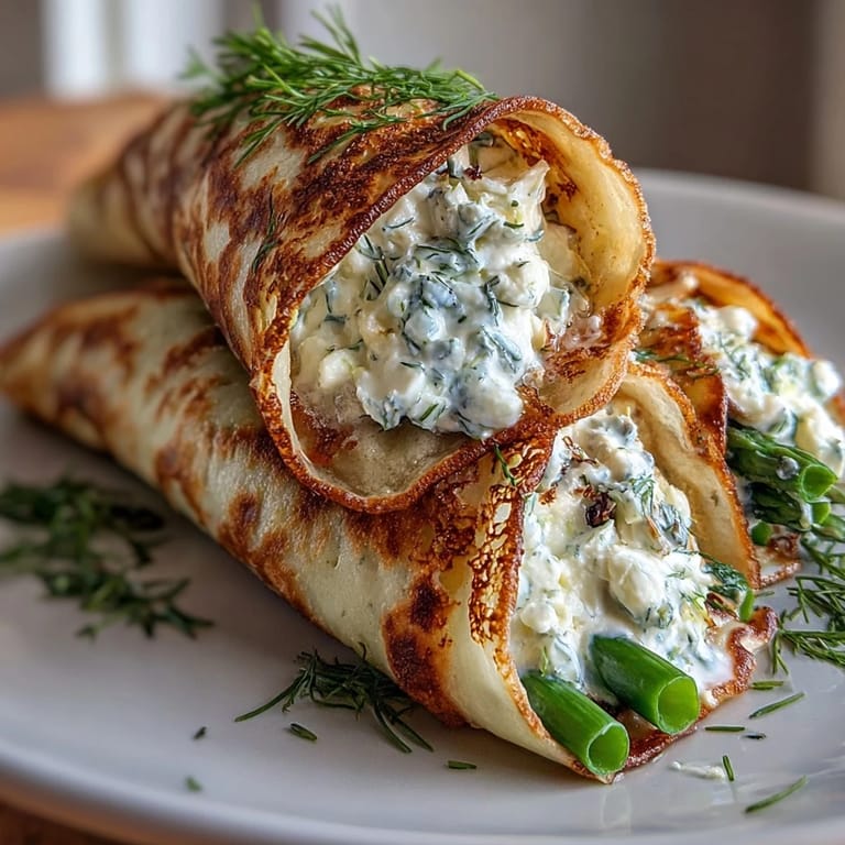 Delicate buckwheat crepes rolled with seasonal vegetables and herbed cheese, garnished with fresh herbs for a light vegetarian dish.