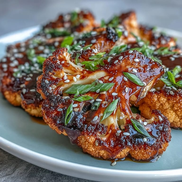 Oven-roasted cauliflower steaks drizzled with rich teriyaki glaze, topped with toasted sesame seeds and fresh scallions for a hearty plant-based meal.