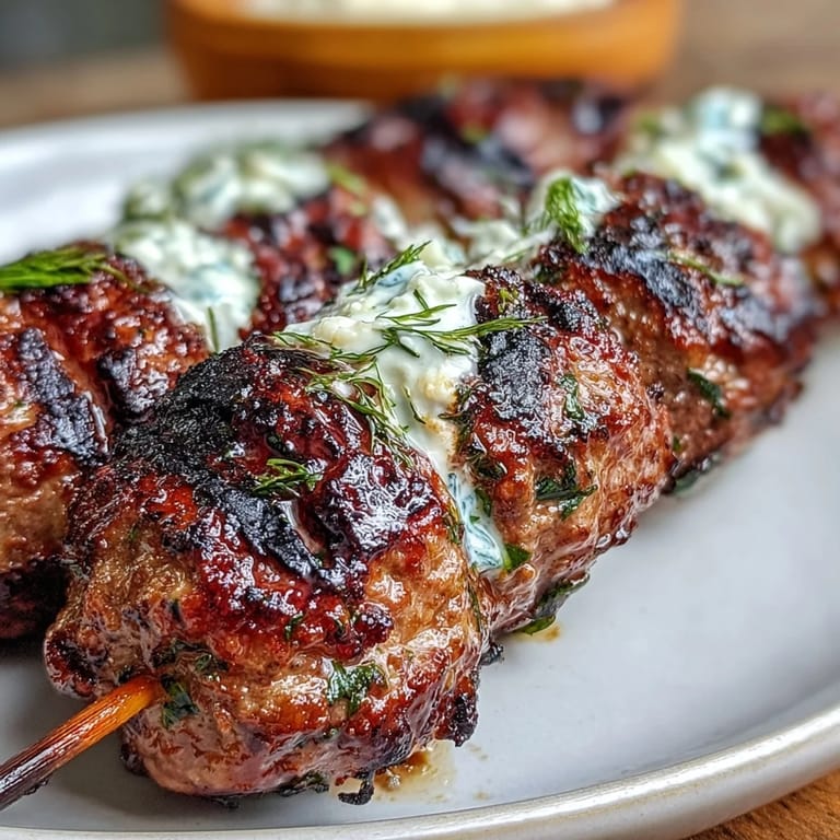 Spiced ground lamb kofta grilled to perfection, served with tangy tzatziki and garnished with fresh herbs.