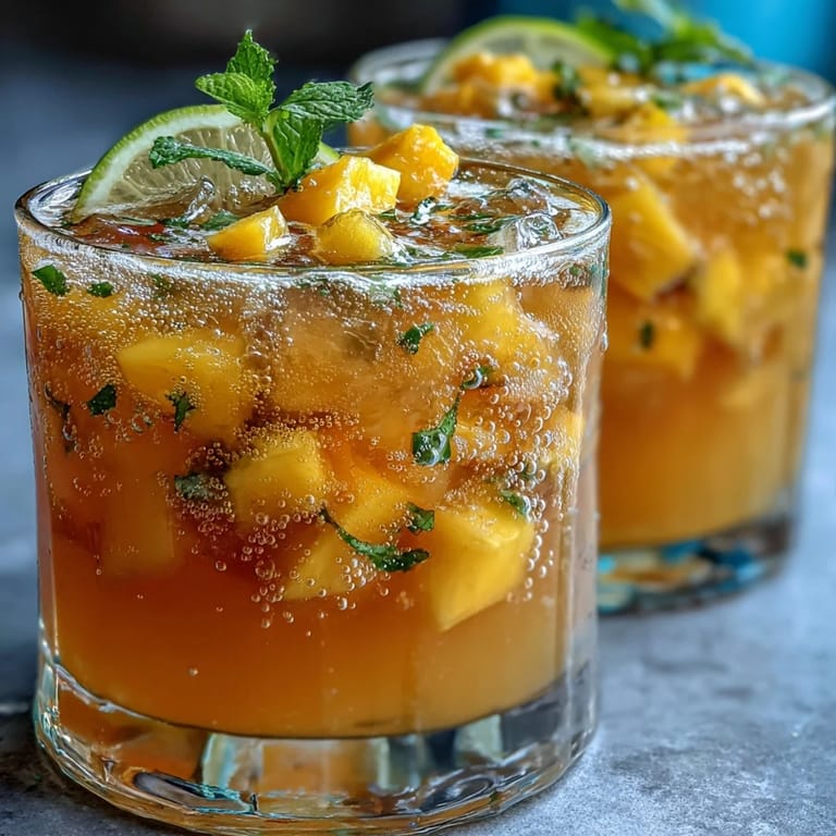 Refreshing graduation party drink featuring layers of mango juice, pineapple juice, and fizzy lemonade, topped with diced tropical fruit and citrus slices.