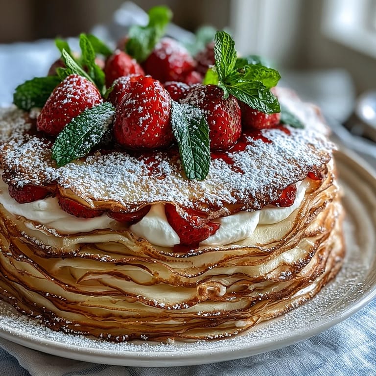 Decadent Mother's Day dessert with golden crêpes stacked with strawberry mascarpone and mint.