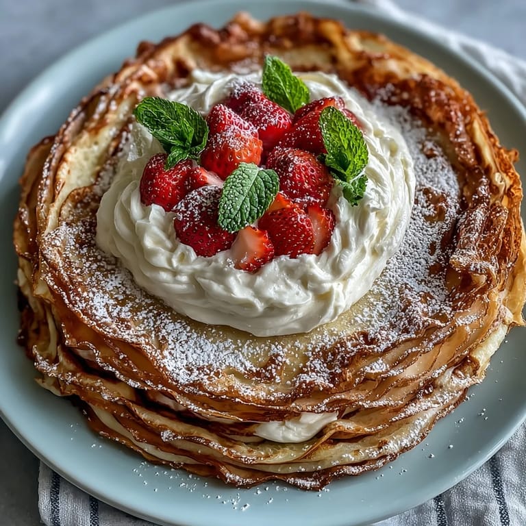 Elegant crêpe cake featuring delicate layers of strawberry mascarpone filling and fresh berries.  