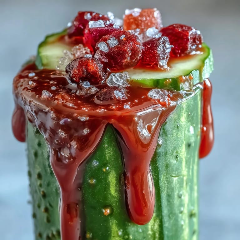 A colorful, playful Chamoy Pickle Kit in a Cup layered with tangy pickles, sour gummy strips, and Tajín for a viral Mexican-American fusion treat.