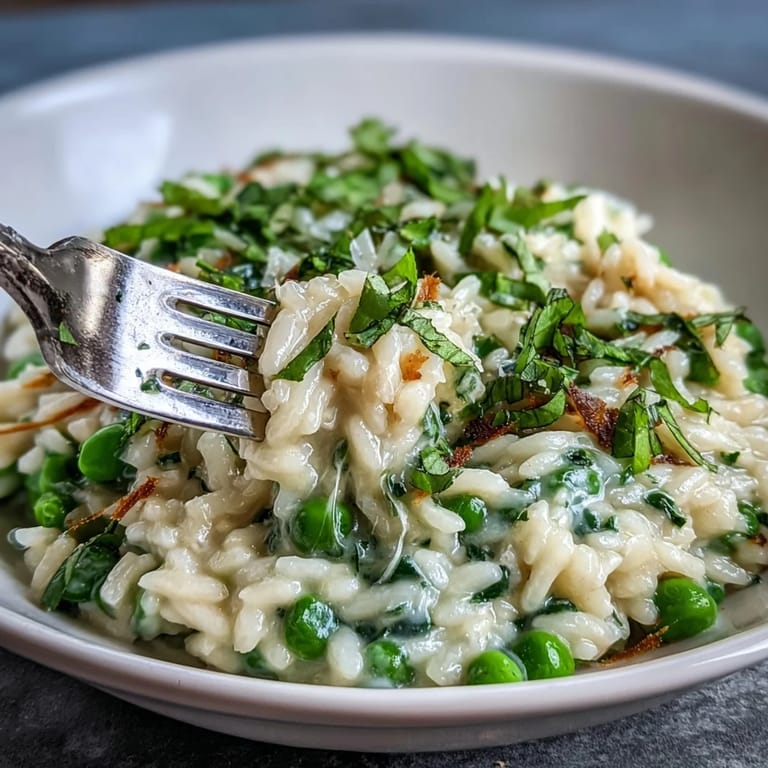 Warm bowl of Spring Pea Risotto with aromatic mint and Parmesan, showcasing the best flavors of the season.