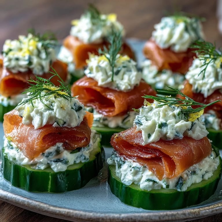 Elegant appetizer platter featuring smoked salmon cucumber bites with fresh dill garnish.  