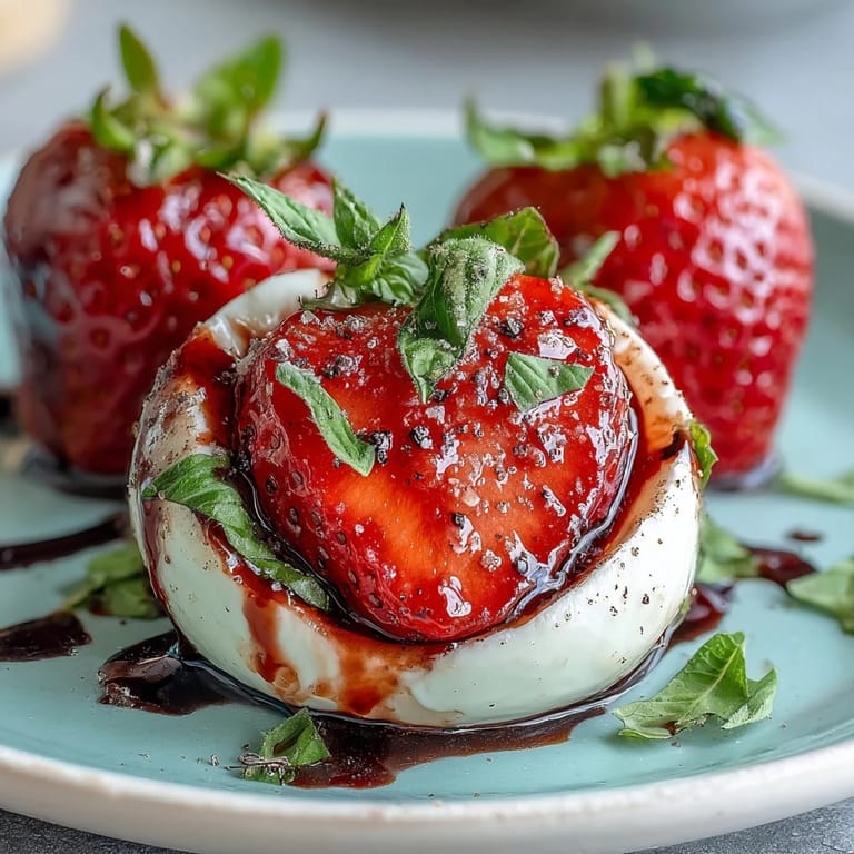 Vibrant strawberry Caprese salad, a refreshing summer side with balsamic drizzle.