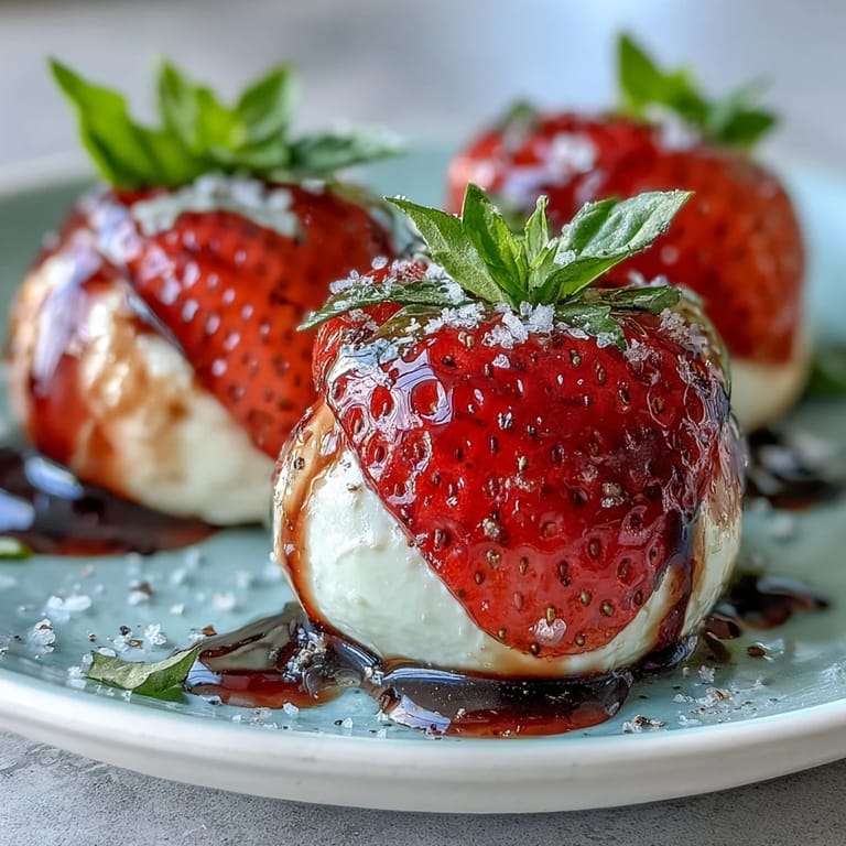 Beautiful Fresh Strawberry Caprese salad, featuring basil and ripe, sweet berries.