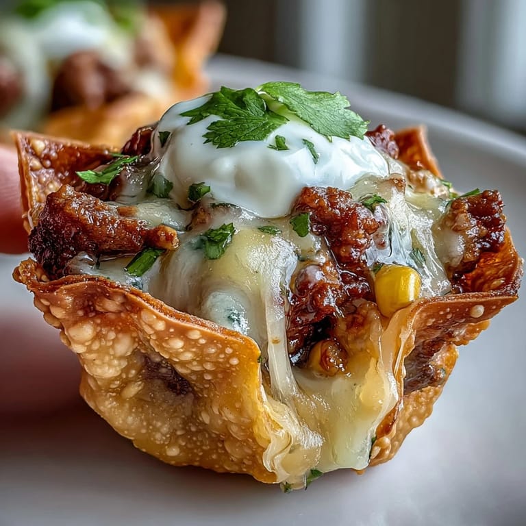 Golden mini taco cups featuring seasoned ground beef nestled in crunchy wonton shells.