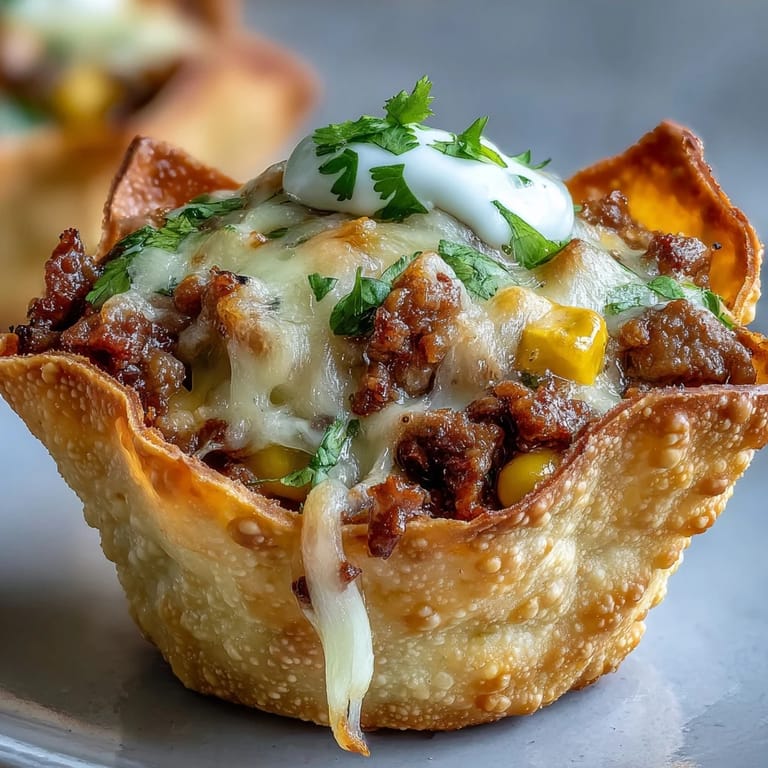 Delicious mini taco cups with cheese-topped beef filling, perfect for easy entertaining.