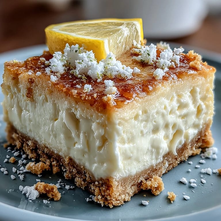 Tangy skyr lemon cheesecake bars, a refreshing, easy dessert ready to slice.