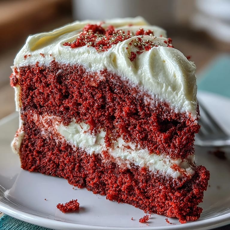 Classic Juneteenth Red Velvet Cake, adorned with smooth, tangy cream cheese frosting, ready to savor.