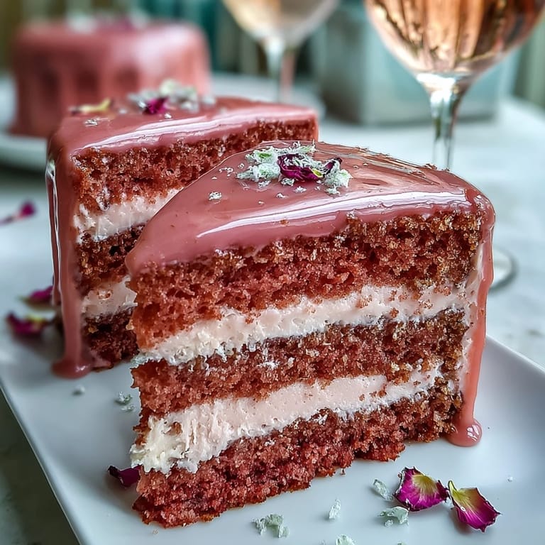 Enjoy this moist Bridal Shower Rosé Velvet Cake topped with delicate gold frosting.
