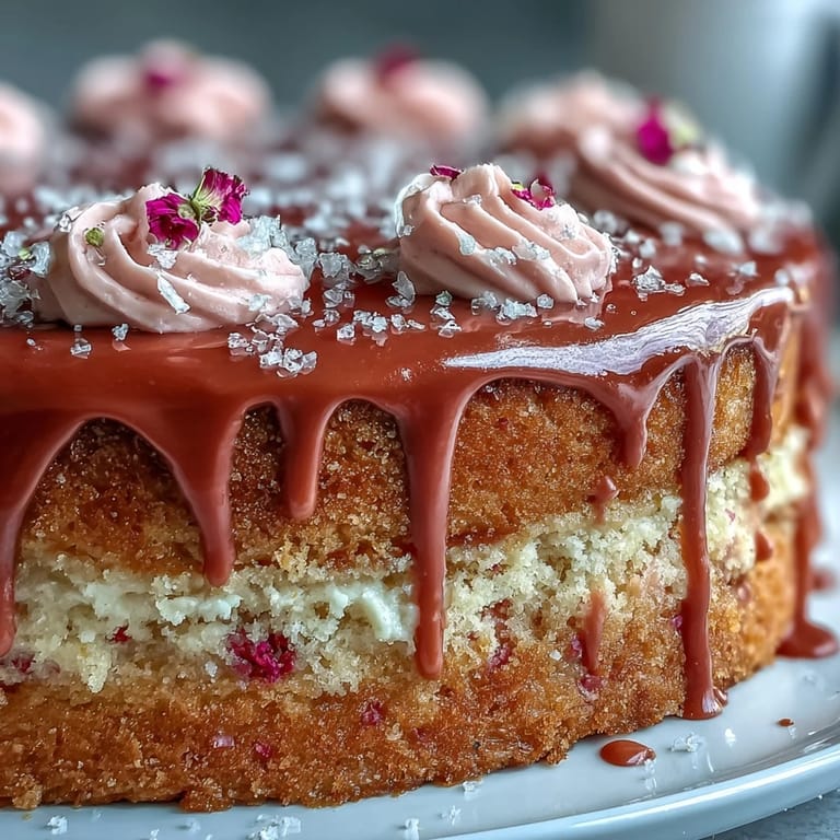 Sweet Rosé Velvet Cake, boasting homemade cream cheese frosting and a luxurious gold drip.