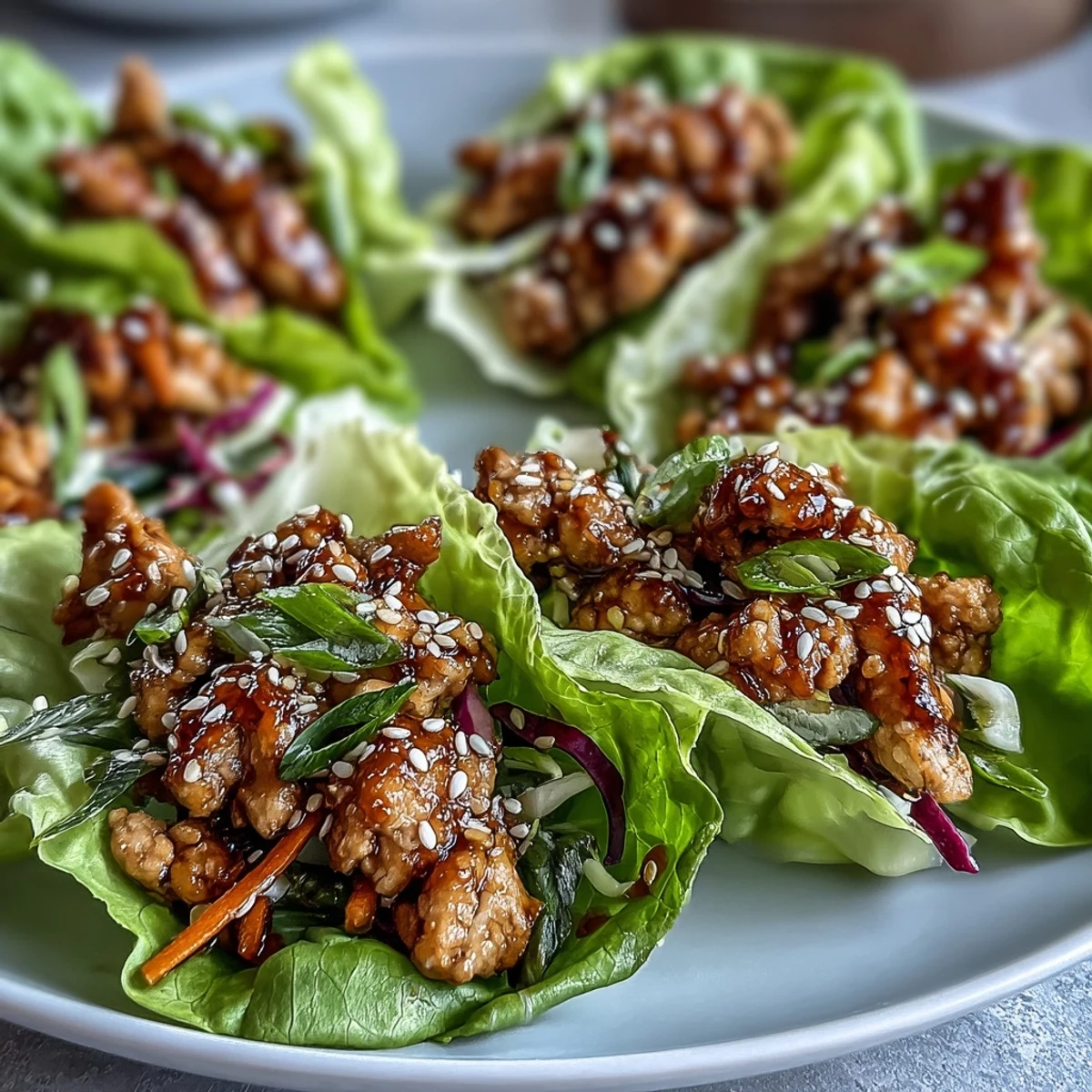 Golden-brown ground chicken with crispy, caramelized edges mounded in fresh Bibb lettuce boats.