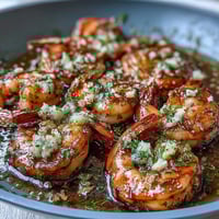 Garlic butter prawns sizzling in a skillet with fresh parsley and lemon zest for a vibrant, flavorful seafood dish.