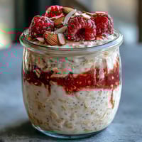 Creamy overnight oats with fresh raspberries and chia seeds, layered for a nutritious breakfast.