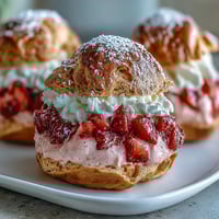 Elegant Valentine strawberry cream puffs filled with luscious strawberry whipped cream and dusted with powdered sugar for a romantic dessert.  