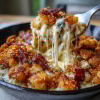 Funeral potatoes and ham breakfast skillet with crispy hash browns, melted cheese, and savory diced ham, topped with crunchy cornflakes and fresh chives.