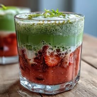 A creamy, layered strawberry matcha latte with vibrant red puree, earthy green matcha, and a silky oat milk foam topping.
