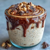 Decadent peanut butter cup overnight oats jar layered with creamy oats, rich chocolate, and peanut butter swirls, topped with mini chocolate chips.