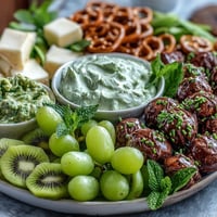 A vibrant St. Patricks Day treats board filled with green snacks, fresh fruits, and savory bites perfect for festive gatherings.