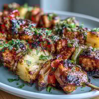 Grilled chicken pineapple kabobs with bell peppers, marinated in honey-lime sauce for juicy, smoky flavor.