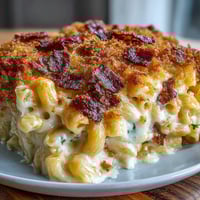 Creamy baked mac and cheese with crispy bacon crumbs, golden cheese bubbling under a savory, smoky topping.