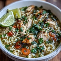 Hearty Chicken Run One-Pot Chicken Noodle Soup with colorful vegetables and tender noodles in a savory broth.  