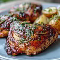 Golden roasted chicken infused with lemon and herbs, served with crispy baby potatoes in a rustic roasting pan.