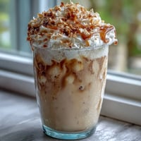 Iced Vanilla Bean Frappuccino with Toasted Coconut Foam served in tall glasses, topped with creamy vanilla whipped topping and golden toasted coconut flakes.