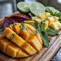 Vibrant tropical fruit platter with ripe mango slices, juicy pineapple spears, and colorful berries, garnished with mint and lime wedges.